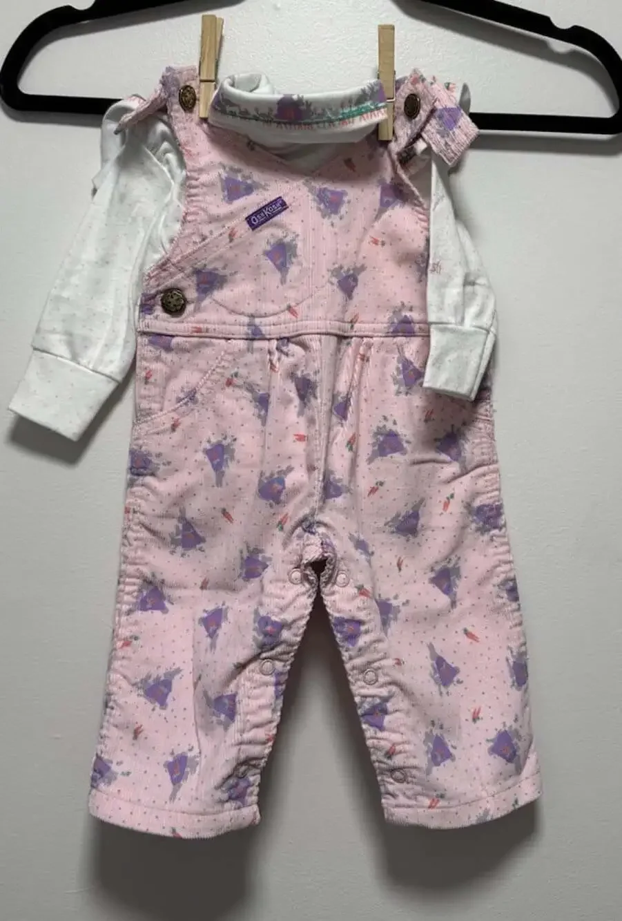 Vintage Oshkosh Pink Baby Girl Bunny Overalls & Long Sleeve Bunny Bodysuit 3-6M
